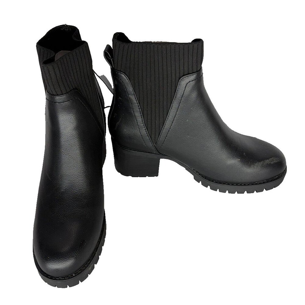 NEW- MIA Jasper Womens Lug Ankle Boots Black Leather Ribbed Knit Cushioned- 9